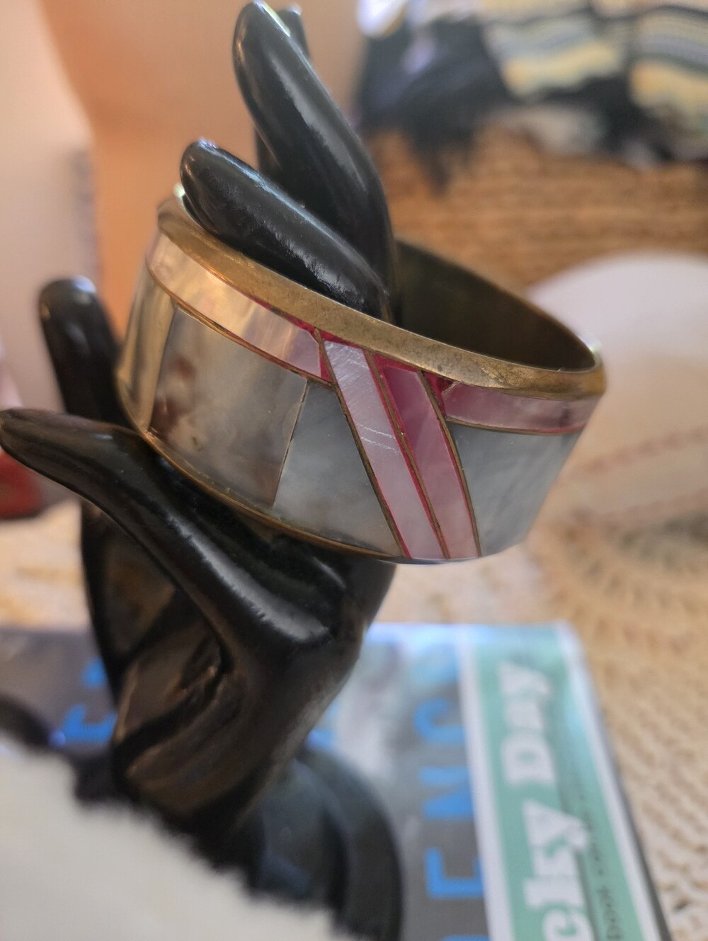 Vintage Mother Of Pearl Shell & Brass Bangle Bracelet